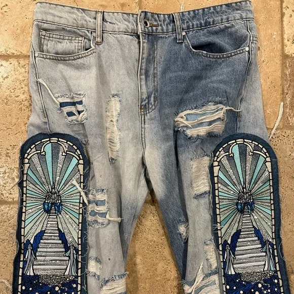 Who Decides War WDW Final Destination Patch Crystal / Rhinestone Distress Denim